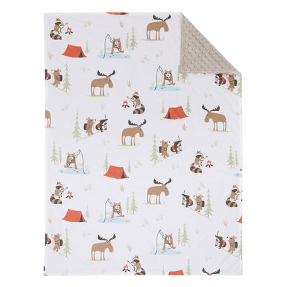 Little Love by NoJo Camping White, Gray, and Orange Moose, Tents, and Fishing Super Soft Baby Blanket