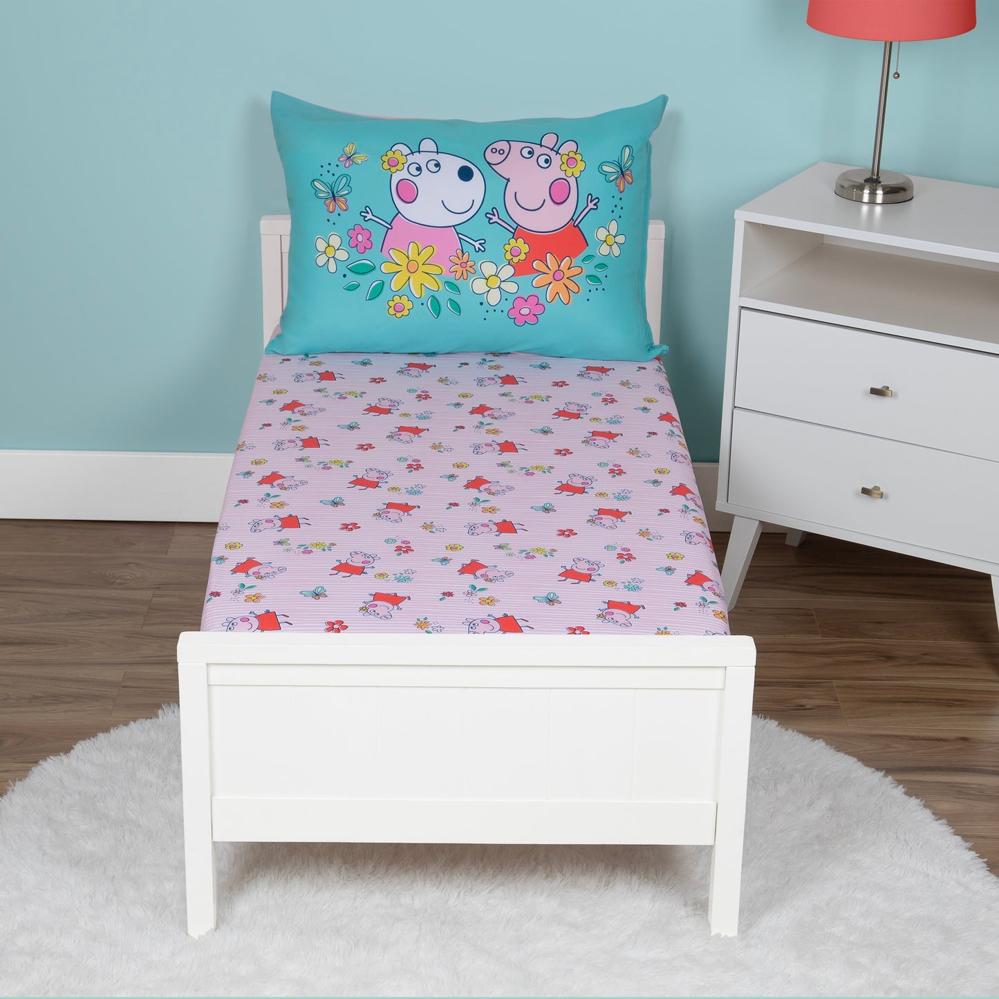 NoJo Peppa Pig 2 Piece Toddler Sheet Set  Fitted Bottom Sheet and Reversible Pillowcase, Pink and White