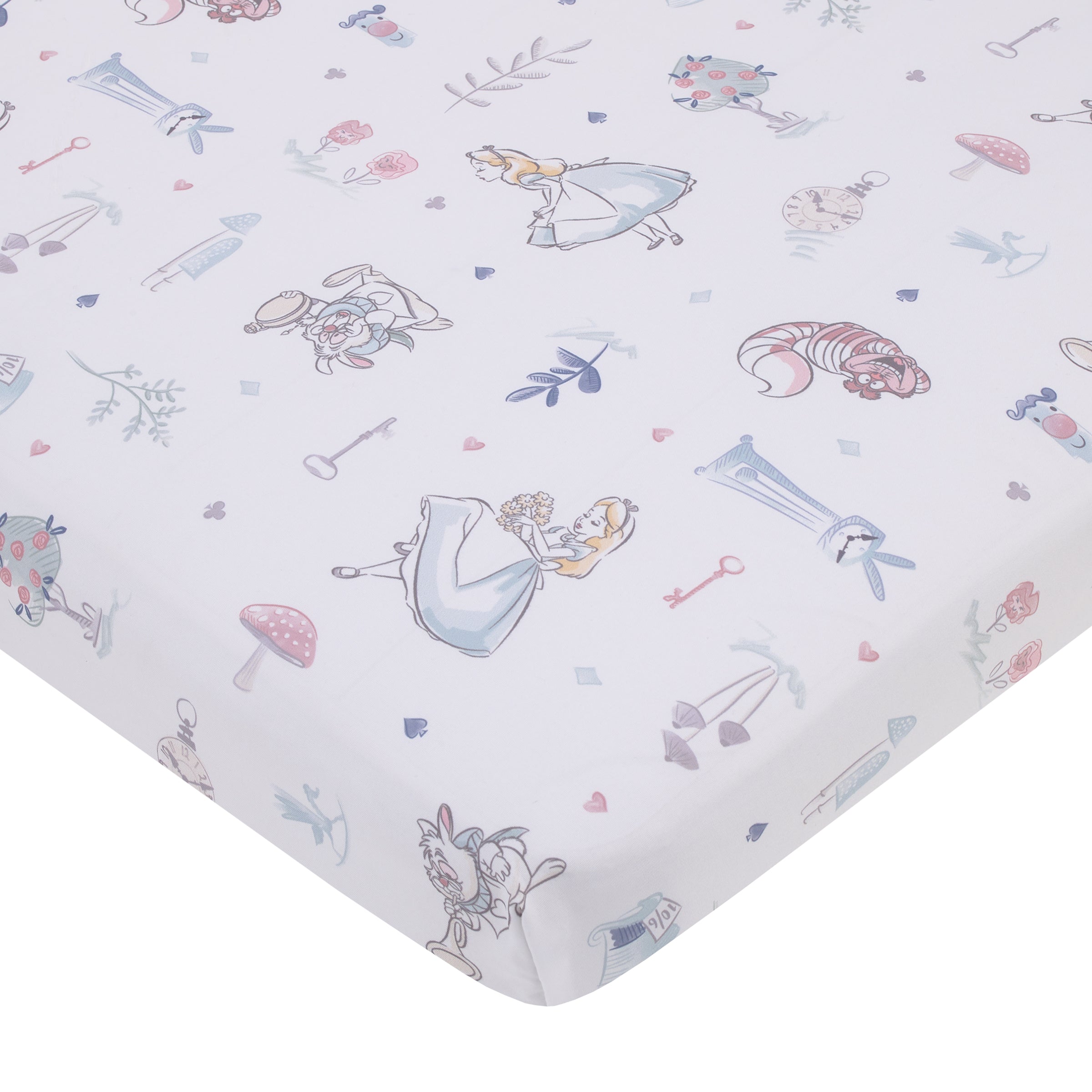 Disney Alice in Wonderland Light Blue Pink and White Rabbit and Cheshire Cat Super Soft Nursery Fitted Mini Crib Sheet NoJo Baby