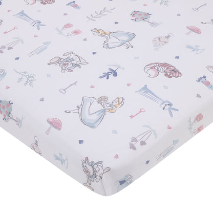Disney Alice in Wonderland Light Blue, Pink, and White, Rabbit, and Cheshire Cat Super Soft Nursery Fitted Mini Crib Sheet