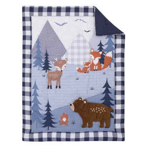 Little Love by NoJo National Park Navy Buffalo Check, Gray, Blue, and Brown Camping Bear, Deer, and Fox 3 Piece Nursery Crib Bedding Set - Comforter, Fitted Crib Sheet, and Crib Skirt