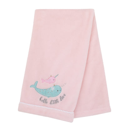 NoJo Under the Sea Whimsy Pink and Blue Narwhals Super Soft Appliqued Baby Blanket