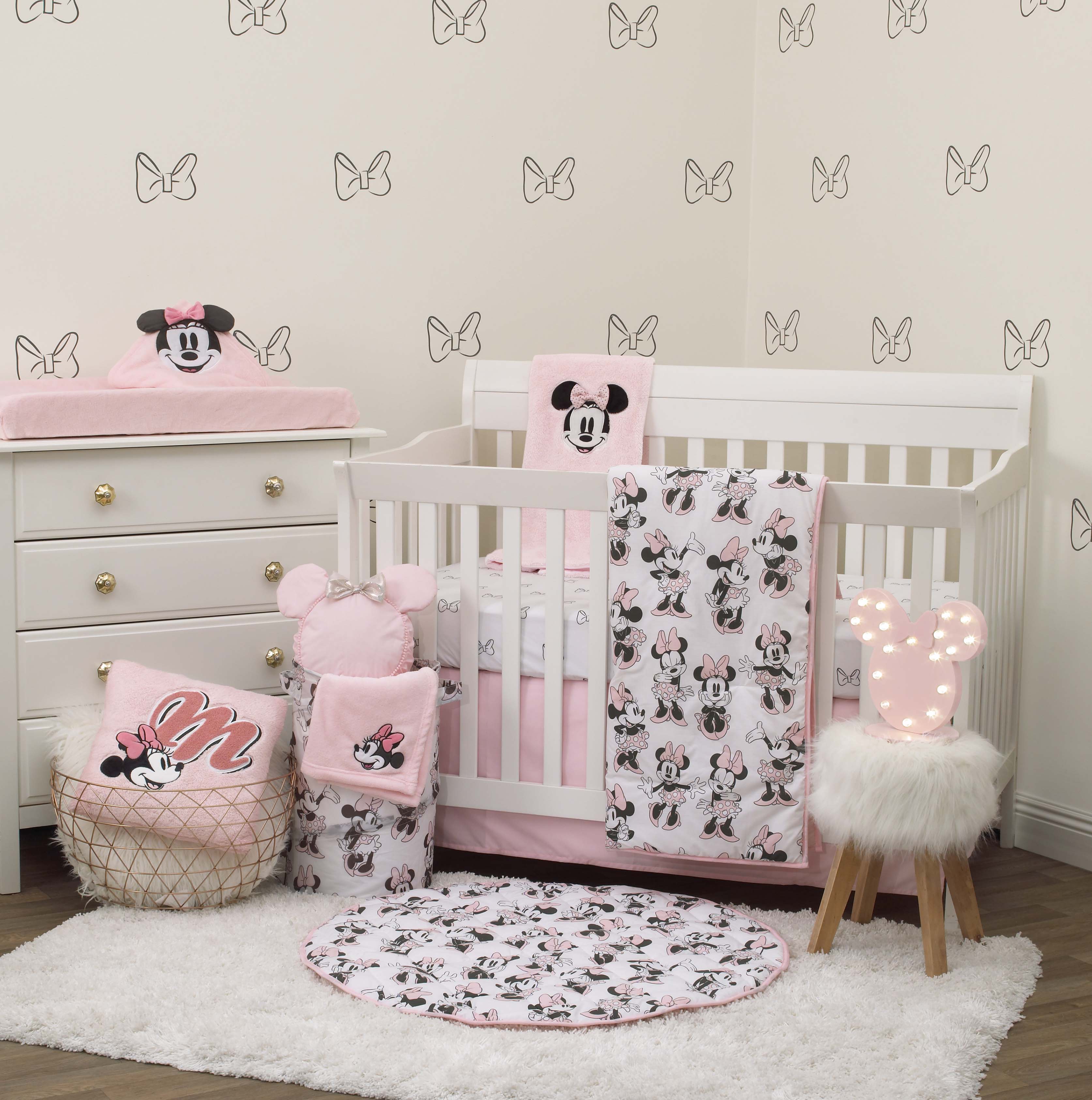 Disney Minnie Mouse 6 Piece Nursery Crib Bedding Set Comforter Two 100 Cotton Fitted Crib Sheets Dust Ruffle Baby Blanket Changing Pad Cover Pink Grey White NoJo Baby