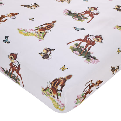 Disney Vintage Bambi - Tan, Green and White, Bambi and Thumper Floral Nursery Fitted Crib Sheet
