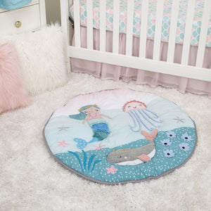 Sugar Reef Mermaid 4 Piece Nursery Crib Bedding Set - Appliqued Round Play Quilt, 100% Cotton Fitted Crib Sheet, Shirred Crib Skirt with 16