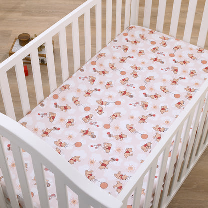 Disney Winnie the Pooh Tan, Red, and White Piglet, Balloons, and Hunny Pots Super Soft Nursery Fitted Mini Crib Sheet