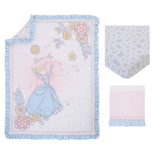 Disney Sweet Princess Light Blue, Pink, and White Cinderella 3 Piece Nursery Crib Bedding Set - Comforter, 100% Cotton Fitted Crib Sheet and Crib Skirt