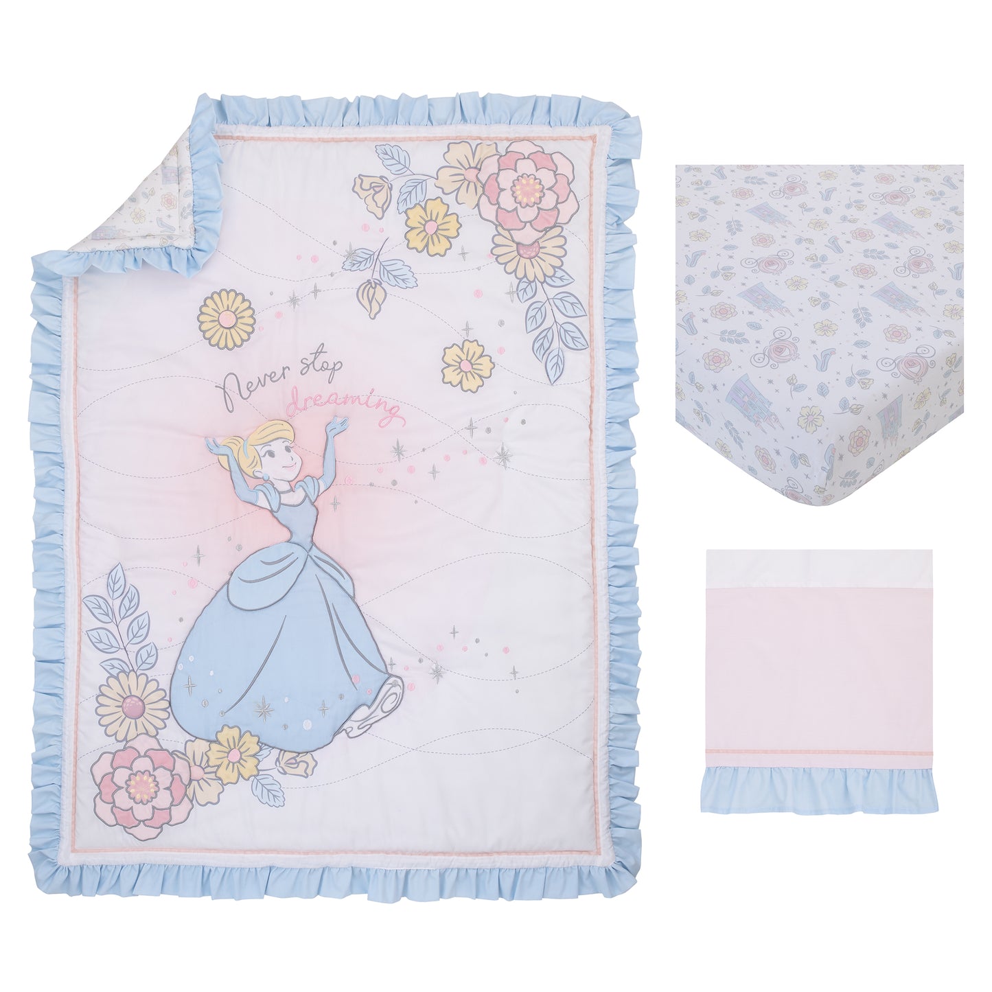 Disney Sweet Princess Light Blue, Pink, and White Cinderella 3 Piece Nursery Crib Bedding Set - Comforter, 100% Cotton Fitted Crib Sheet and Crib Skirt