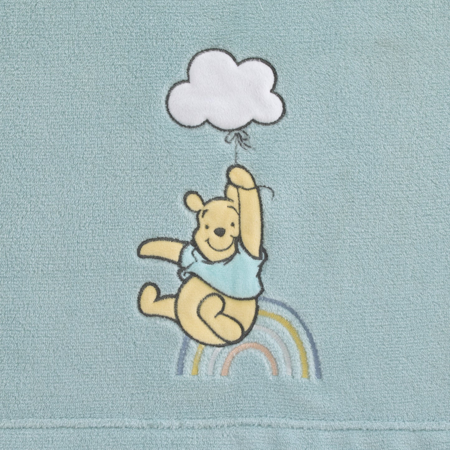 Disney Winnie the Pooh Hello Sunshine Aqua Super Soft Baby Blanket with Multi Colored Rainbow and Cloud Applique