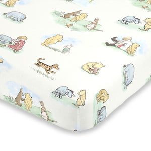 Disney Winnie the Pooh Classic Pooh Ivory, Blue, Sage, Tan Storybook 6 Piece Nursery Crib Bedding Set - Comforter, 2 Fitted Crib Sheets, Dust Ruffle, Baby Blanket, Changing Pad Cover