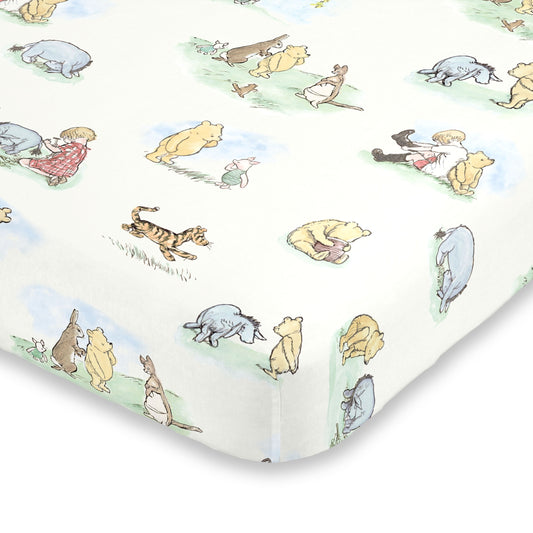 Disney Winnie the Pooh Classic Pooh Ivory, Blue, Sage, Tan Storybook 6 Piece Nursery Crib Bedding Set - Comforter, 2 Fitted Crib Sheets, Dust Ruffle, Baby Blanket, Changing Pad Cover