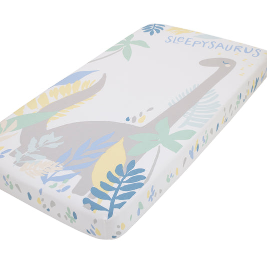 NoJo Sleepysaurus Blue, Yellow, Grey and White Dino Leaf 100% Cotton Photo Op Fitted Crib Sheet