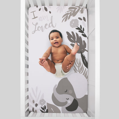 NoJo Elephant Hugs Grey and White I Am So Loved 100% Cotton Photo Op Fitted Crib Sheet