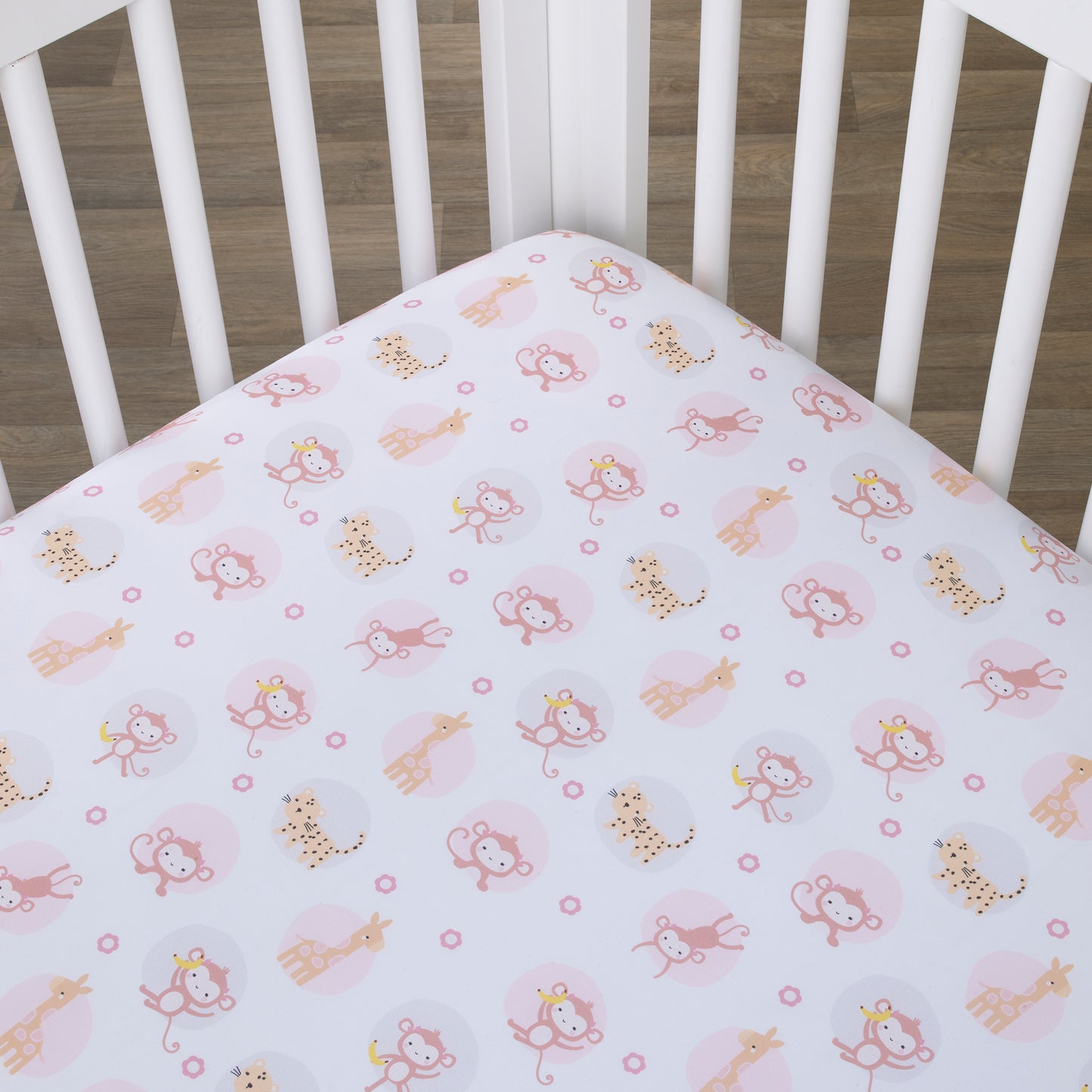 Little Love by NoJo Sweet Jungle Friends Pink, White and Tan, Monkey, Cheetah and Giraffe Super Soft Fitted Crib Sheet