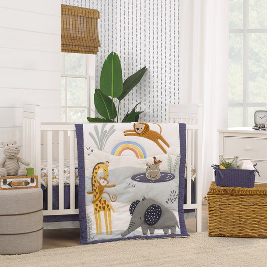 Wild Pals Navy, Gray, and Tan Safari Animals 4 Piece Nursery Crib Bedding Set - Comforter, 100% Cotton Fitted Crib Sheet, Crib Skirt and Nursery Organizer