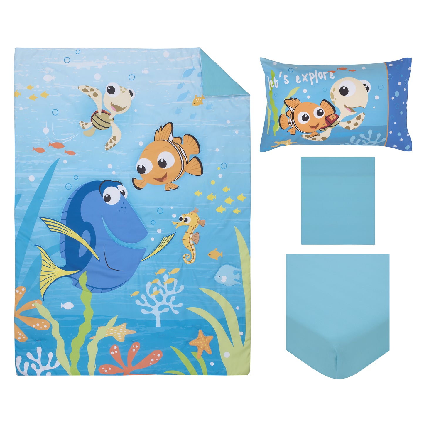 Disney Finding Nemo Aqua, Orange, and Green Let's Explore 4 Piece Toddler Bed Set - Comforter, Fitted Bottom Sheet, Flat Top Sheet, and Reversible Pillowcase