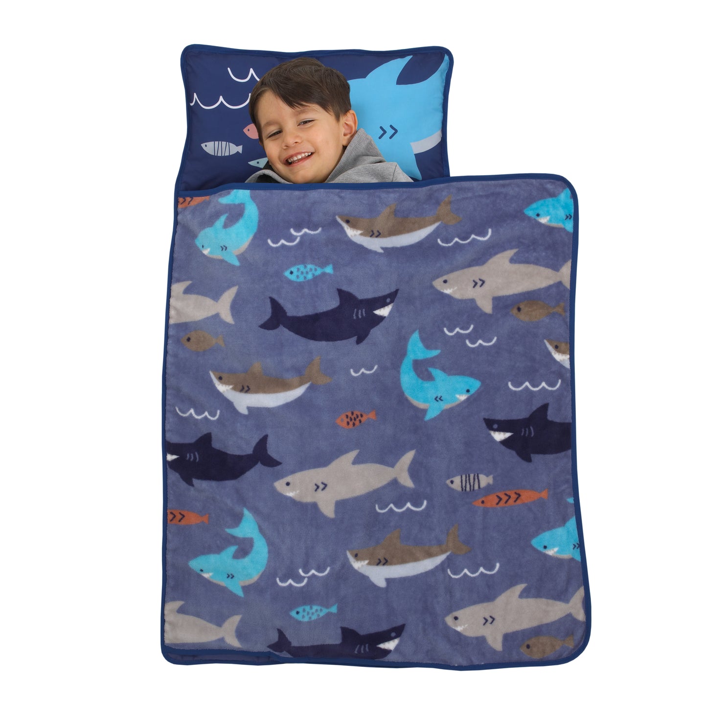 Everything Kids Blue and Grey Shark Toddler Nap Mat with Pillow and Blanket