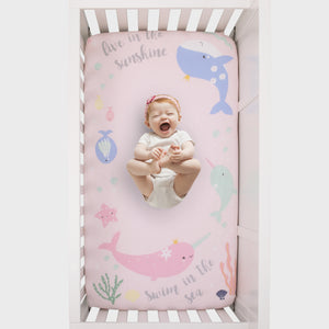 NoJo Under the Sea Whimsy Pink and Blue Whales and Narwhals 100% Cotton Photo Op Fitted Crib Sheet