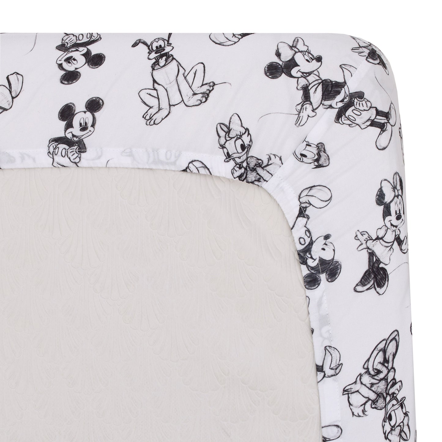 Disney Mickey Mouse - Charcoal, Black and White Mickey and Friends, Minnie Mouse, Donald Duck  and Pluto Nursery Fitted Mini Crib Sheet