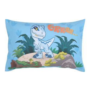 Universal Jurassic World Explorers Welcome to Jurassic World, Green, Blue, and Tan Dinosaur 4 Piece Toddler Bed Set - Comforter, Fitted Bottom Sheet, Flat Top Sheet, and Reversible Pillowcase