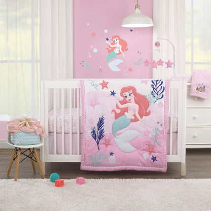 Disney The Little Mermaid Pink, Aqua, and Coral Ariel Cute by Nature 4 Piece Nursery Crib Bedding Set - Comforter, Fitted Crib Sheet, Changing Pad Cover, and Crib Skirt