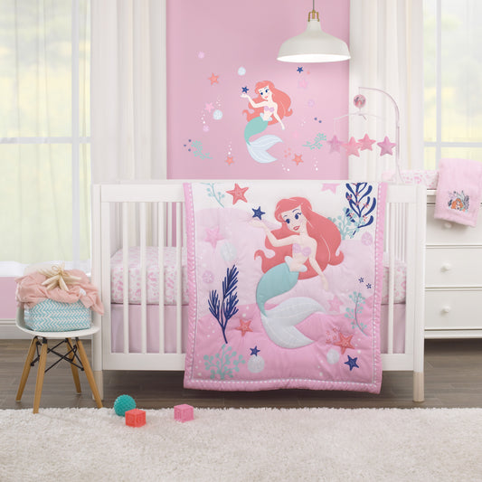 The Little Mermaid Pink, Aqua, and Coral Ariel Cute by Nature 4 Piece Nursery Crib Bedding Set - Comforter, Fitted Crib Sheet, Changing Pad Cover, and Crib Skirt