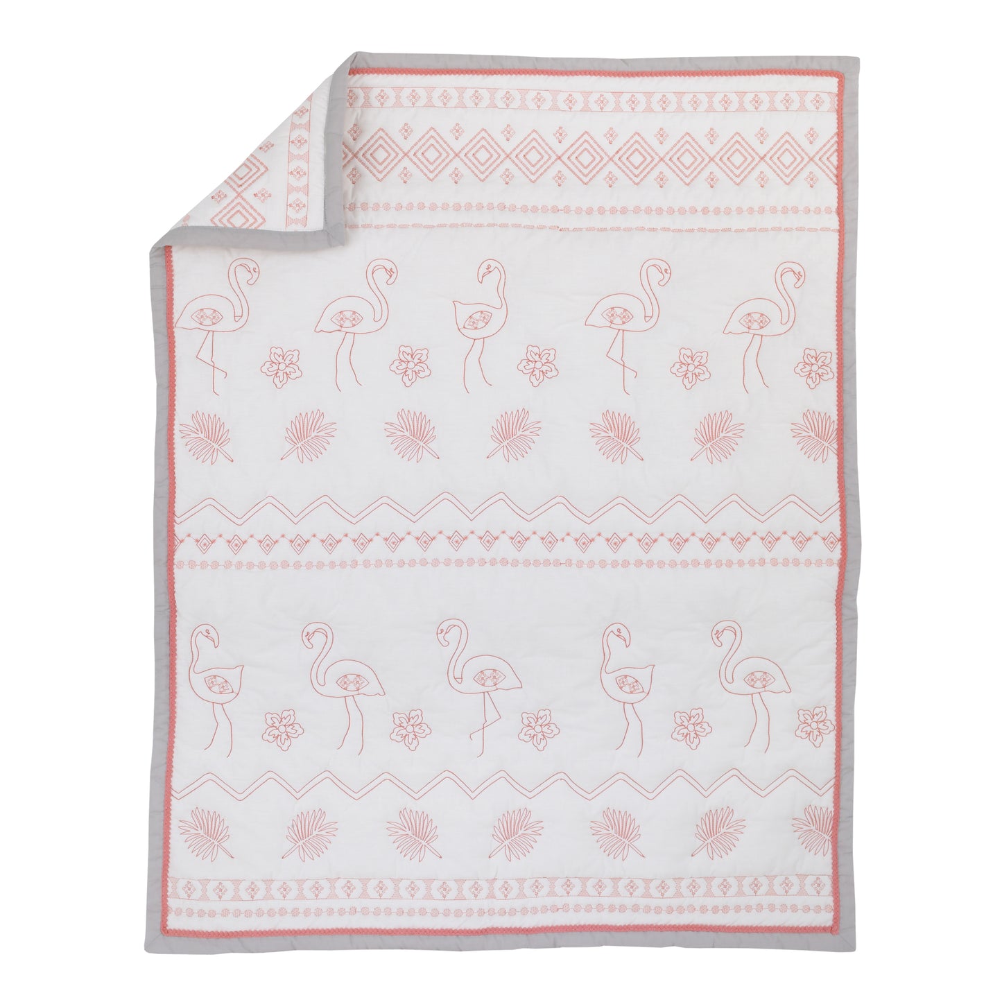 NoJo Tropical Flamingo Pink & White 100% Cotton 4 Piece Nursery Crib Bedding Set - Embroidered Quilt, Fitted Sheet, Dust Ruffle, and Diaper Stacker