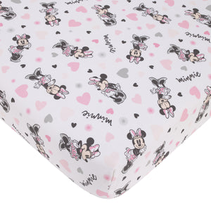 Disney Minnie Mouse My Happy Place Pink, Black, Gray, and White 3 Piece Nursery Crib Bedding Set - Comforter, 100% Cotton Fitted Crib Sheet, and Crib Skirt