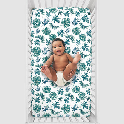 NoJo Super Soft Green and White Palm Leaf Nursery Crib Fitted Sheet