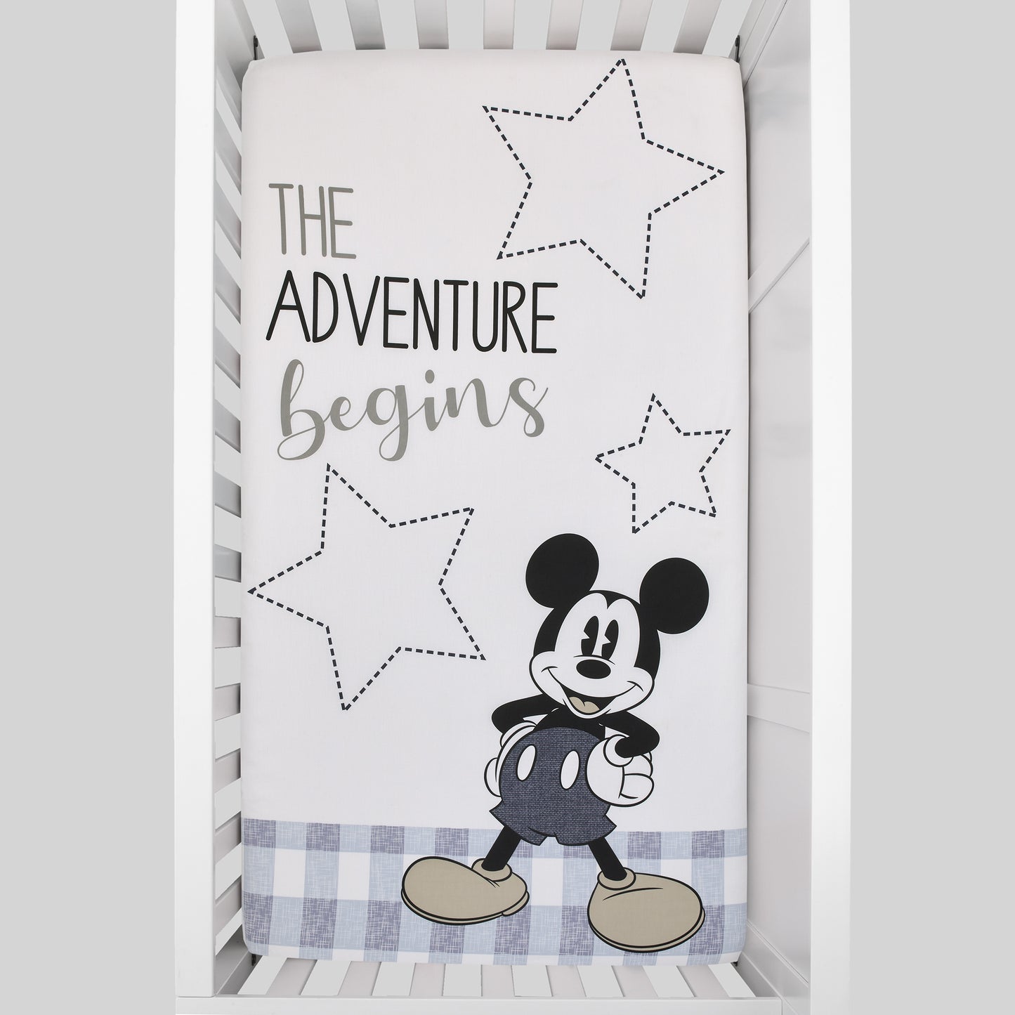 Disney Mickey Mouse - Call Me Mickey White and Blue The Adventure Begins Stars and Gingham 100% Cotton Photo Op Nursery Fitted Crib Sheet