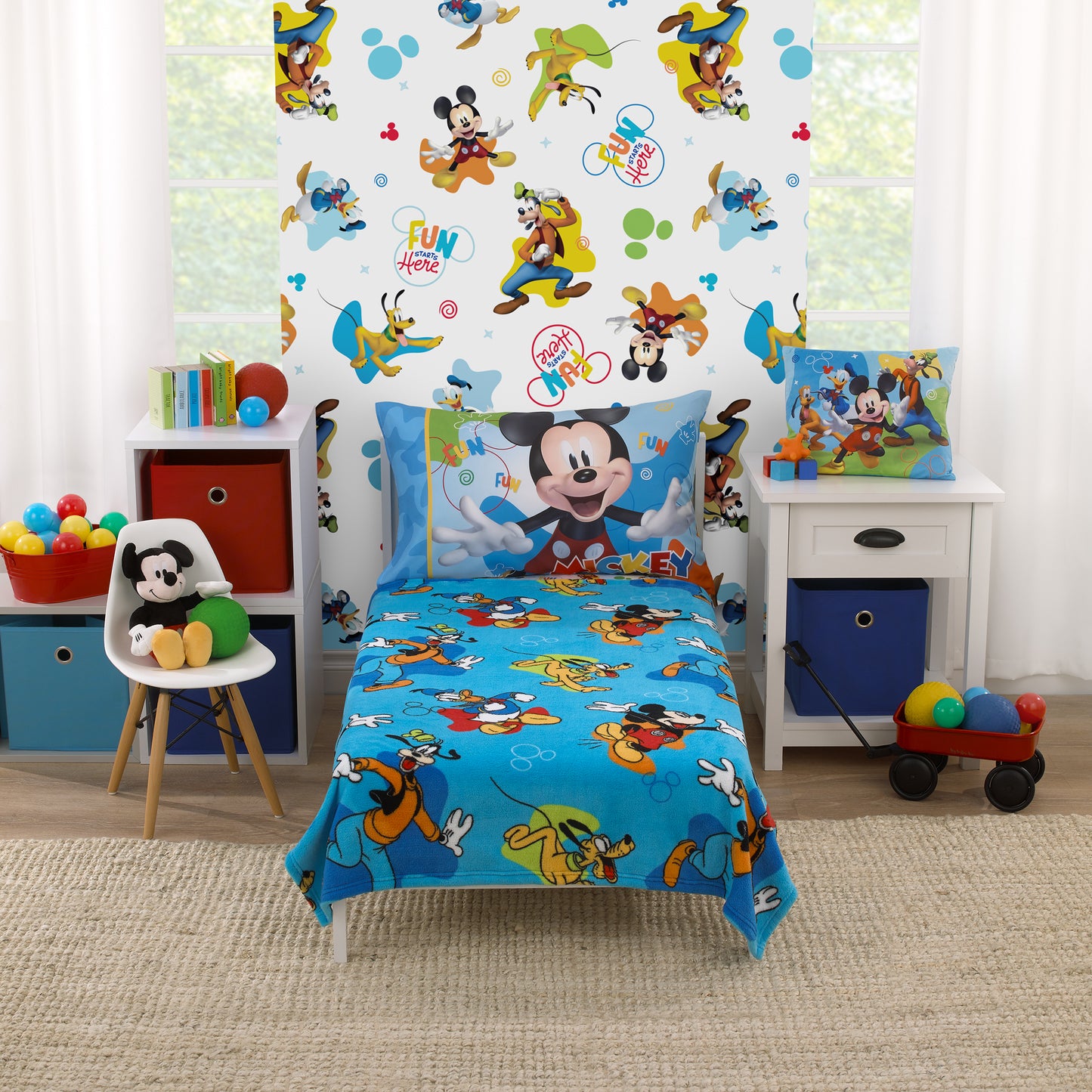 Disney Mickey Mouse Blue, Red, and Green, Donald Duck, Pluto, and Goofy Fun Starts Here Super Soft Toddler Blanket