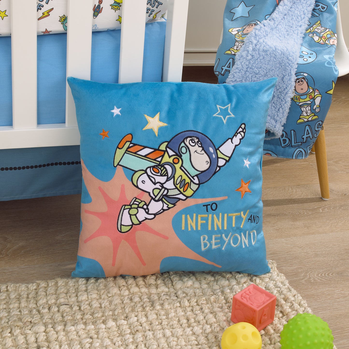 Disney Toy Story Buzz Lightyear Blue, Orange, and Green Blast Off To Infinity and Beyond Plush Decorative Pillow