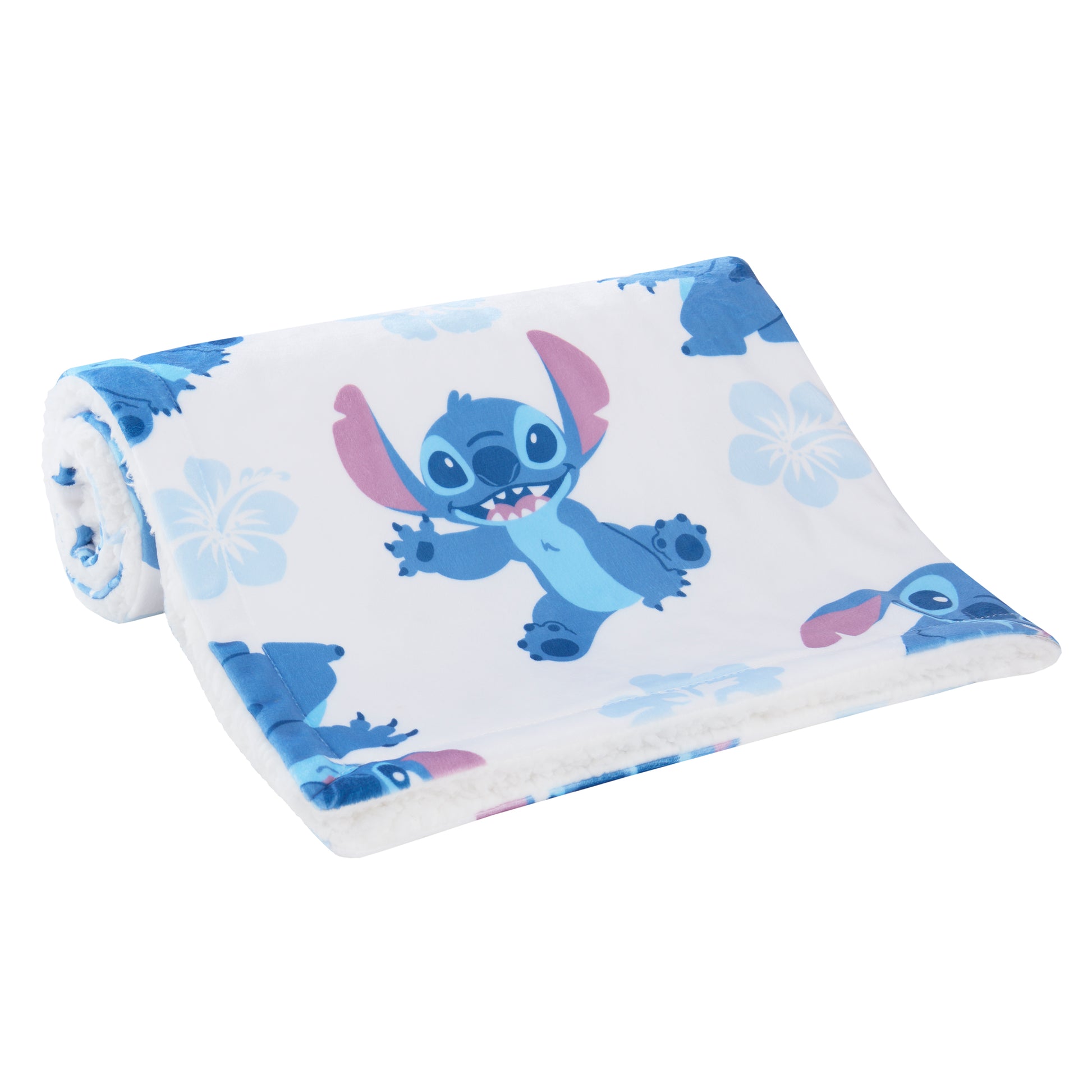 NoJo Disney Stitch Sherpa Baby Blanket, Blue, Pink, and White