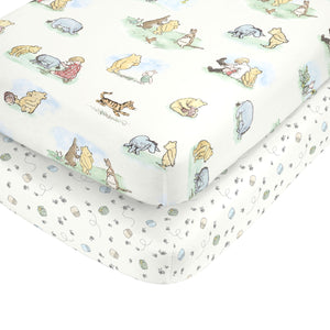 Disney Winnie the Pooh Classic Pooh Ivory, Blue, Sage, Tan Storybook 6 Piece Nursery Crib Bedding Set - Comforter, 2 Fitted Crib Sheets, Dust Ruffle, Baby Blanket, Changing Pad Cover