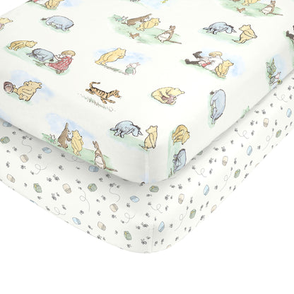 Disney Winnie the Pooh Classic Pooh Ivory, Blue, Sage, Tan Storybook 6 Piece Nursery Crib Bedding Set - Comforter, 2 Fitted Crib Sheets, Dust Ruffle, Baby Blanket, Changing Pad Cover