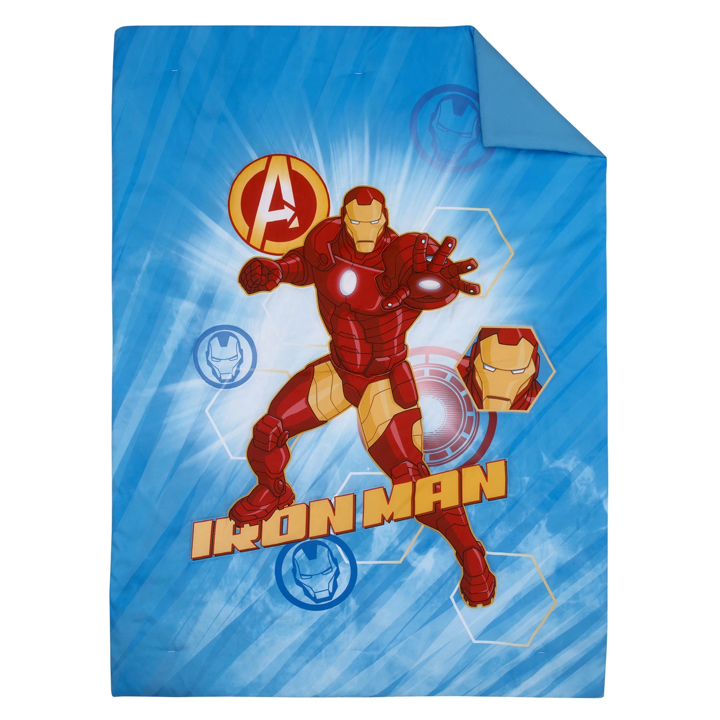 Marvel Avengers - Iron Man Blue, Red, and Gold 4 Piece Toddler Bedding Set - Comforter, Fitted Bottom Sheet, Flat Top Sheet and Reversible Pillowcase