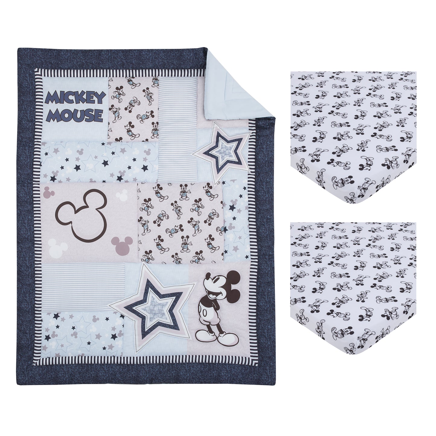 Disney Mickey Mouse Timeless Mickey Gray, White, and Blue Stars and Icons 3 Piece Nursery Mini Crib Bedding Set - Comforter and Two Fitted Mini Crib Sheets