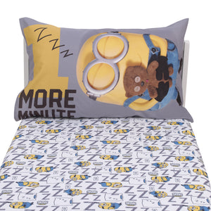 Illumination Lazy Minions Club Gray, Blue, Yellow, and White Let Me Sleep 2 Piece Toddler Sheet Set - Fitted Bottom Sheet, Reversible Pillowcase
