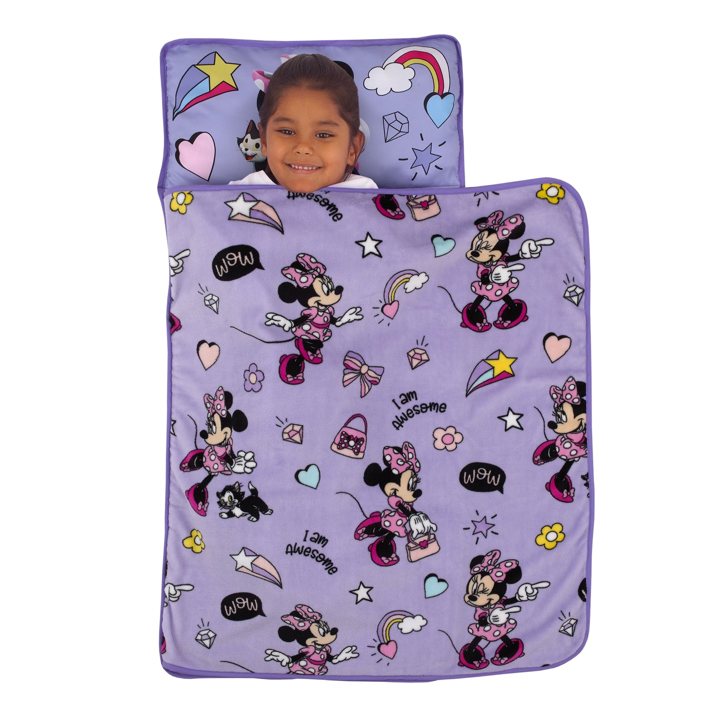 Disney Minnie Mouse I am Awesome Lavender and Pink Daisy Duck, Rainbow Hearts and Stars Toddler Nap Mat
