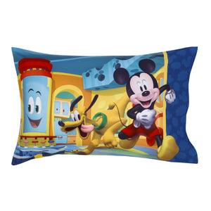 Disney Mickey Mouse Funhouse Crew Blue, Red and Yellow, Funny, Donald Duck, Goofy and Pluto 4 Piece Toddler Bed Set - Comforter, Fitted Bottom Sheet, Flat Top Sheet, and Reversible Pillowcase