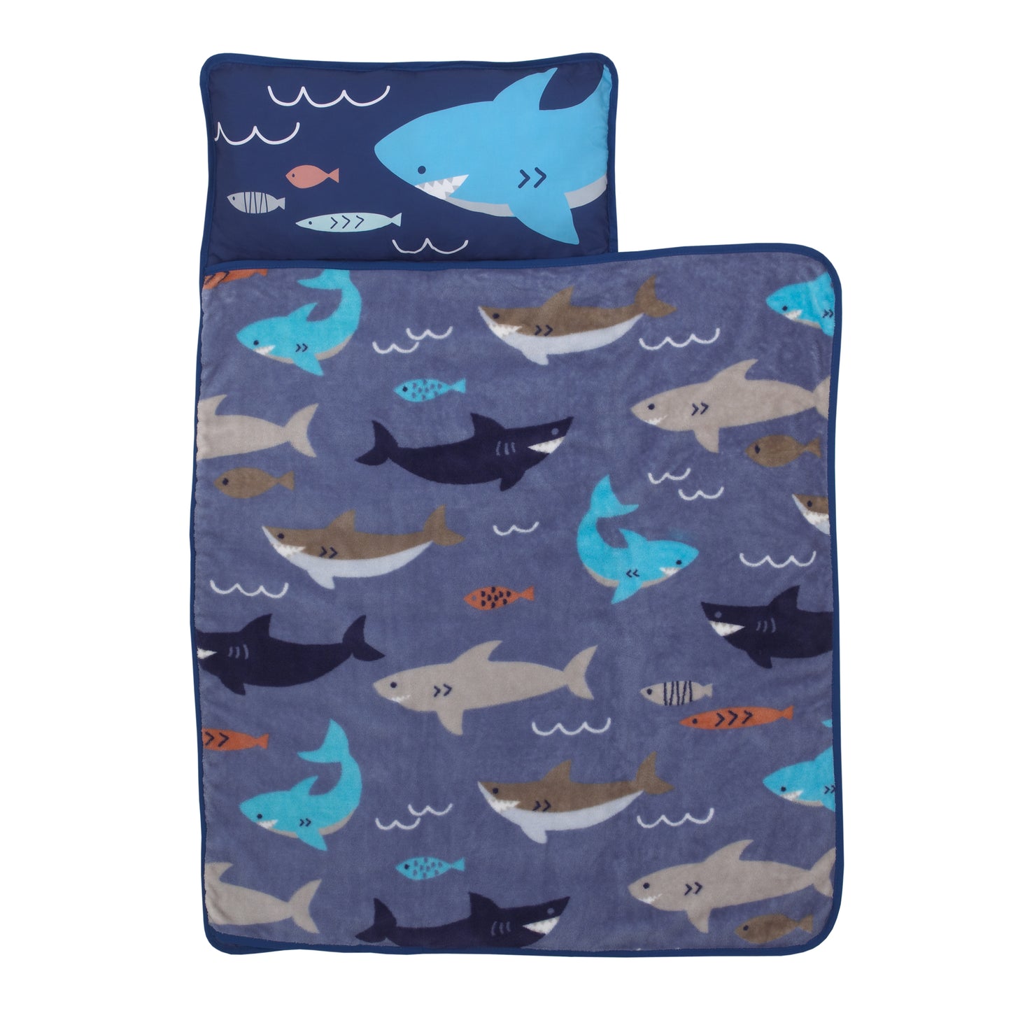 Everything Kids Blue and Grey Shark Toddler Nap Mat with Pillow and Blanket