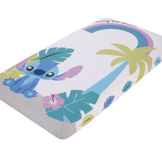 Disney Stitch Blue, Teal, Lime, Lavender, and White Living the Dream Photo Op Fitted Crib Sheet