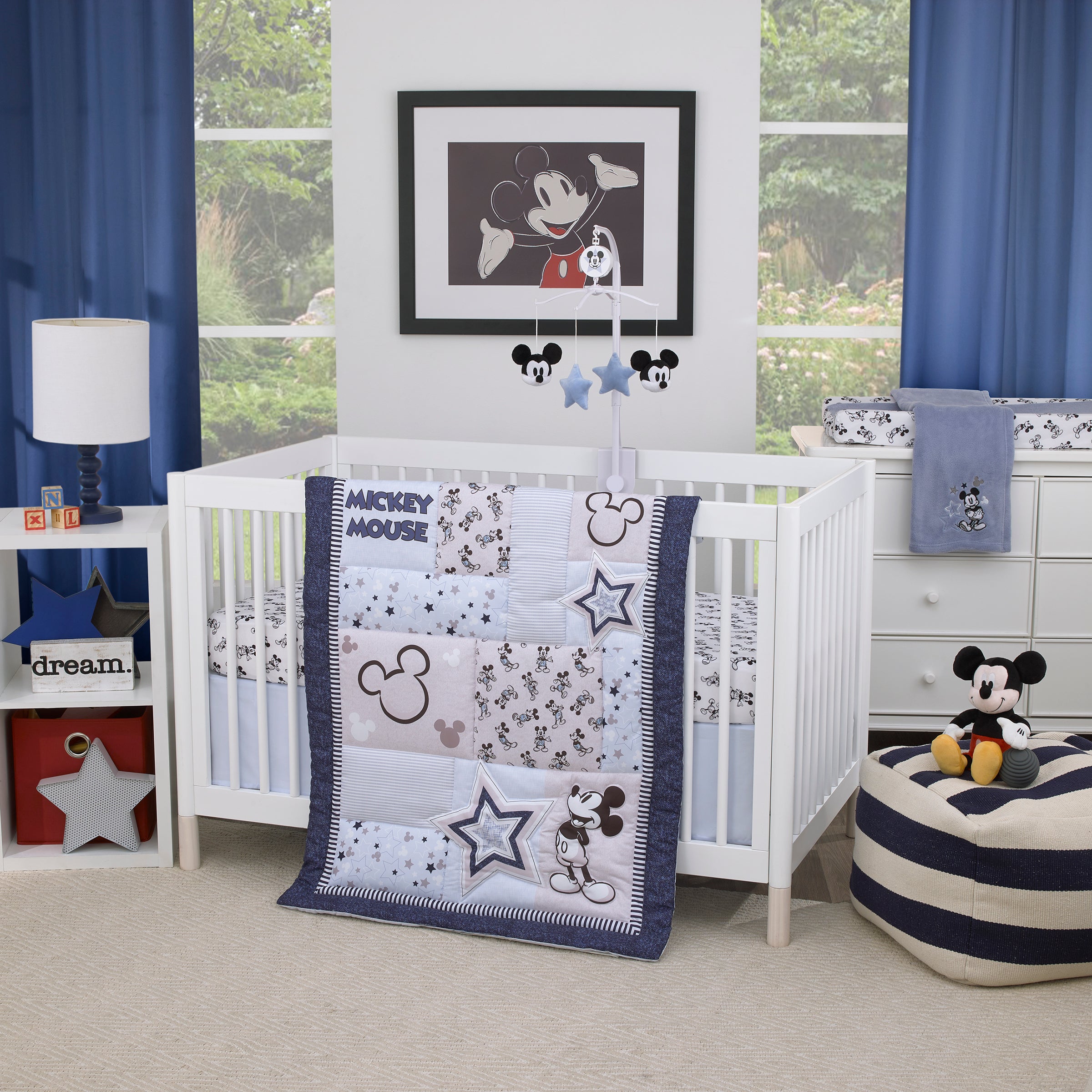 Disney Mickey Mouse Timeless Mickey Blue Gray and White Stars and Icons 3 Piece Nursery Crib Bedding Set Comforter Fitted Crib Sheet and Crib Skirt NoJo Baby