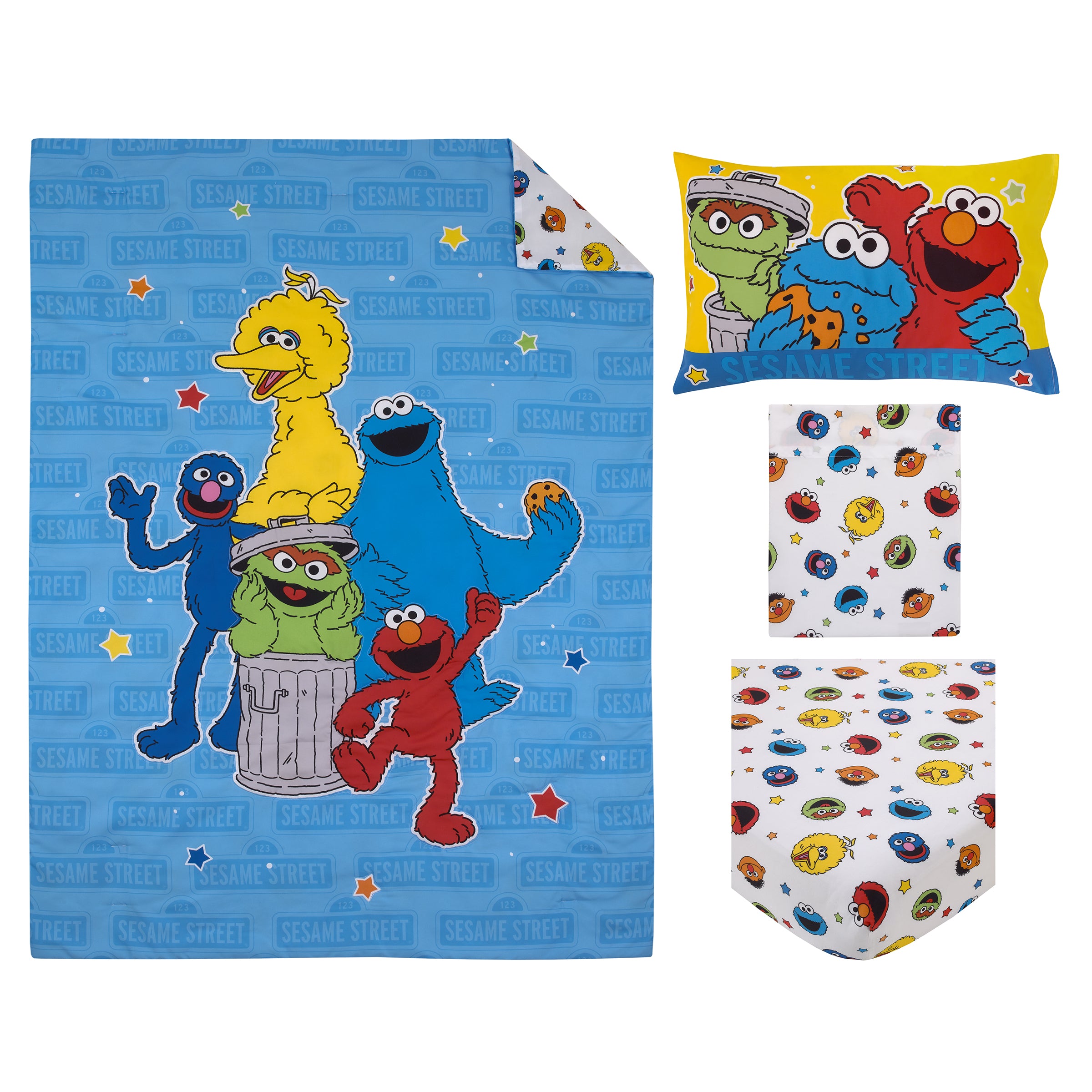 Sesame Street Come and Play Blue, Green, Red and Yellow, Elmo, Big Bird, Cookie  Monster, Grover, and Oscar the Grouch 4 Piece Toddler Bed Set - Comforter,  Fitted Bottom Sheet, Flat Top