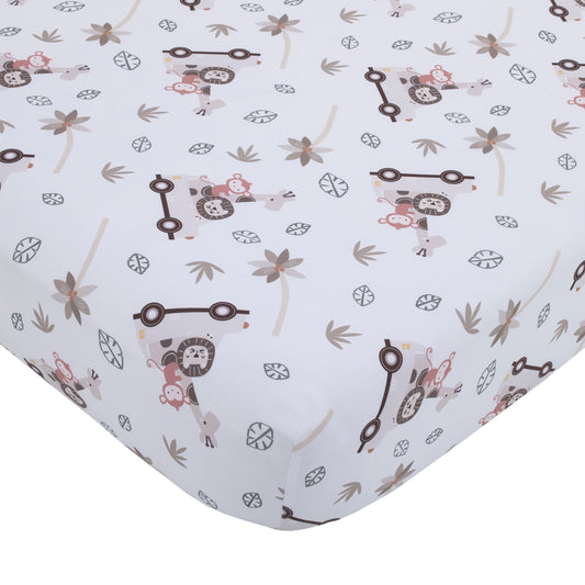 Jungle Ride Grey, White and Tan, Monkey, Giraffe and Lion Super Soft Fitted Crib Sheet