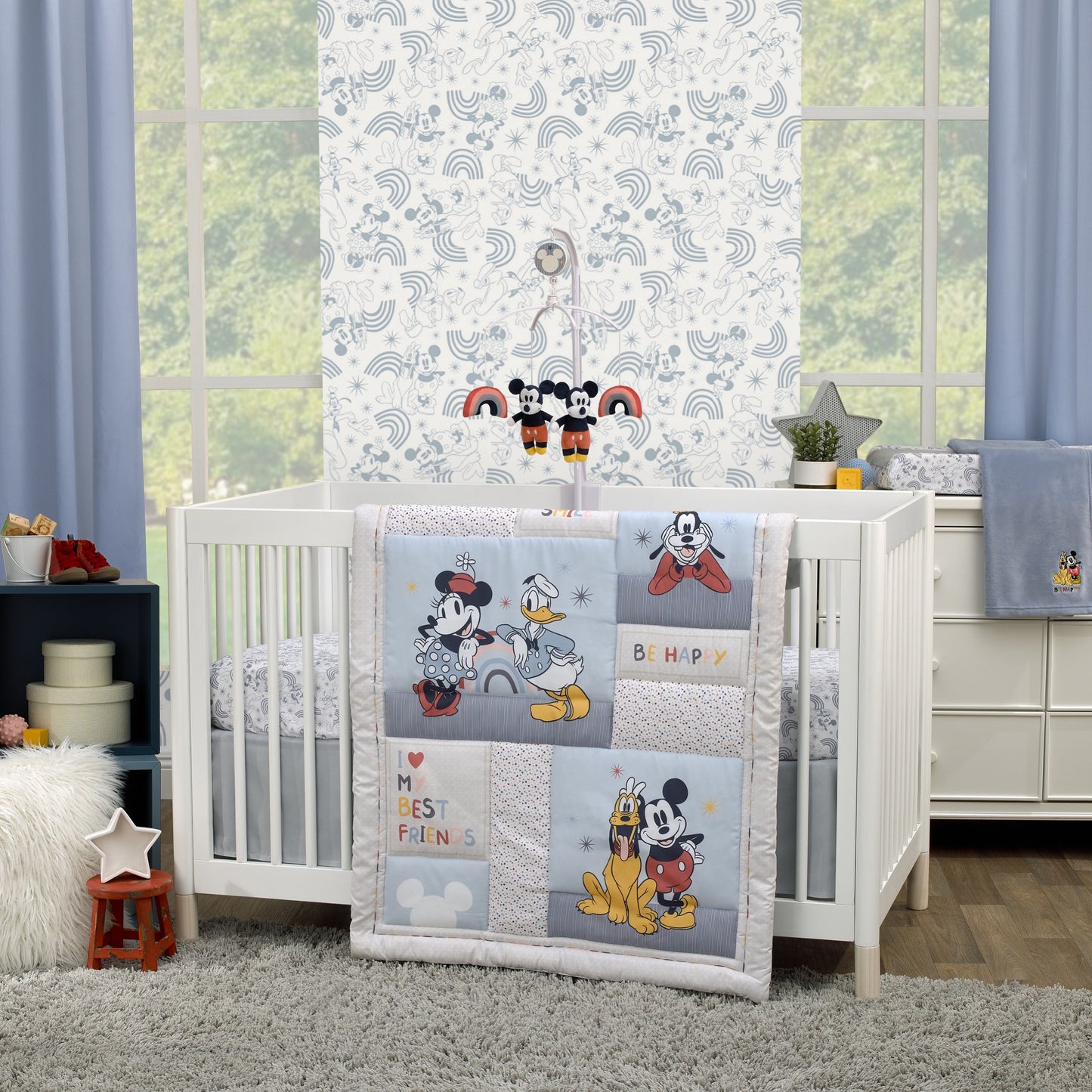 Disney Mickey and Friends Grey and White Pluto, Goofy, and Rainbows Nursery Fitted Crib Sheet