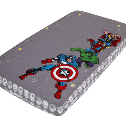 Marvel Comics Grey, White, Red, and Blue, Captain America, Hulk, Spiderman and Thor Photo Op Fitted Crib Sheet