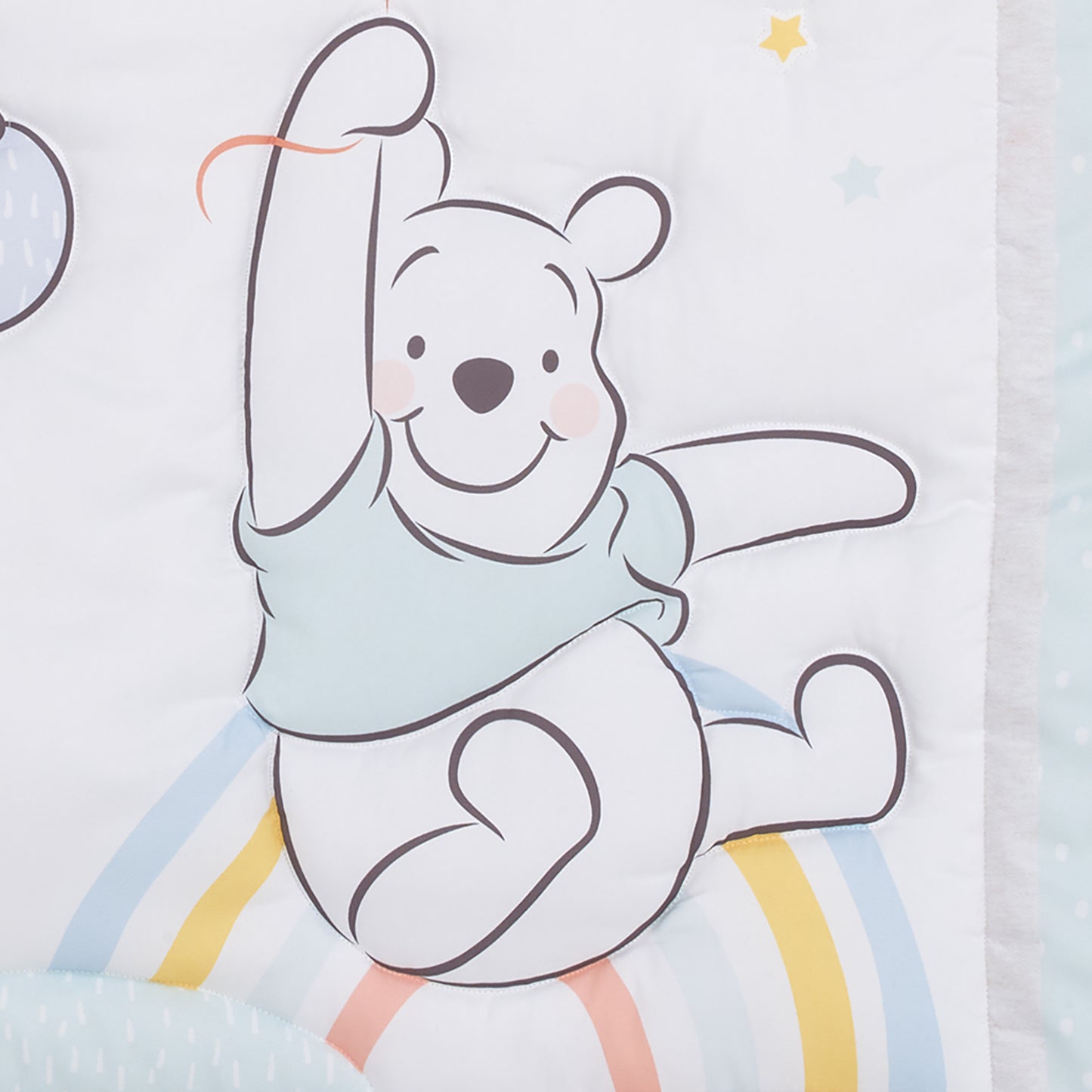 Disney Winnie the Pooh Hello Sunshine White and Aqua Piglet, Rainbow, Clouds, and Sun 3 Piece Nursery Mini Crib Bedding Set - Comforter and Two Fitted Mini Crib Sheets