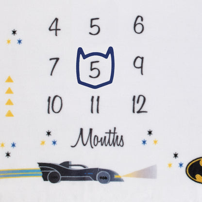 Warner Brothers Batman White and Black Batmobile, Gotham City, and Bat Signal Milestone Baby Blanket