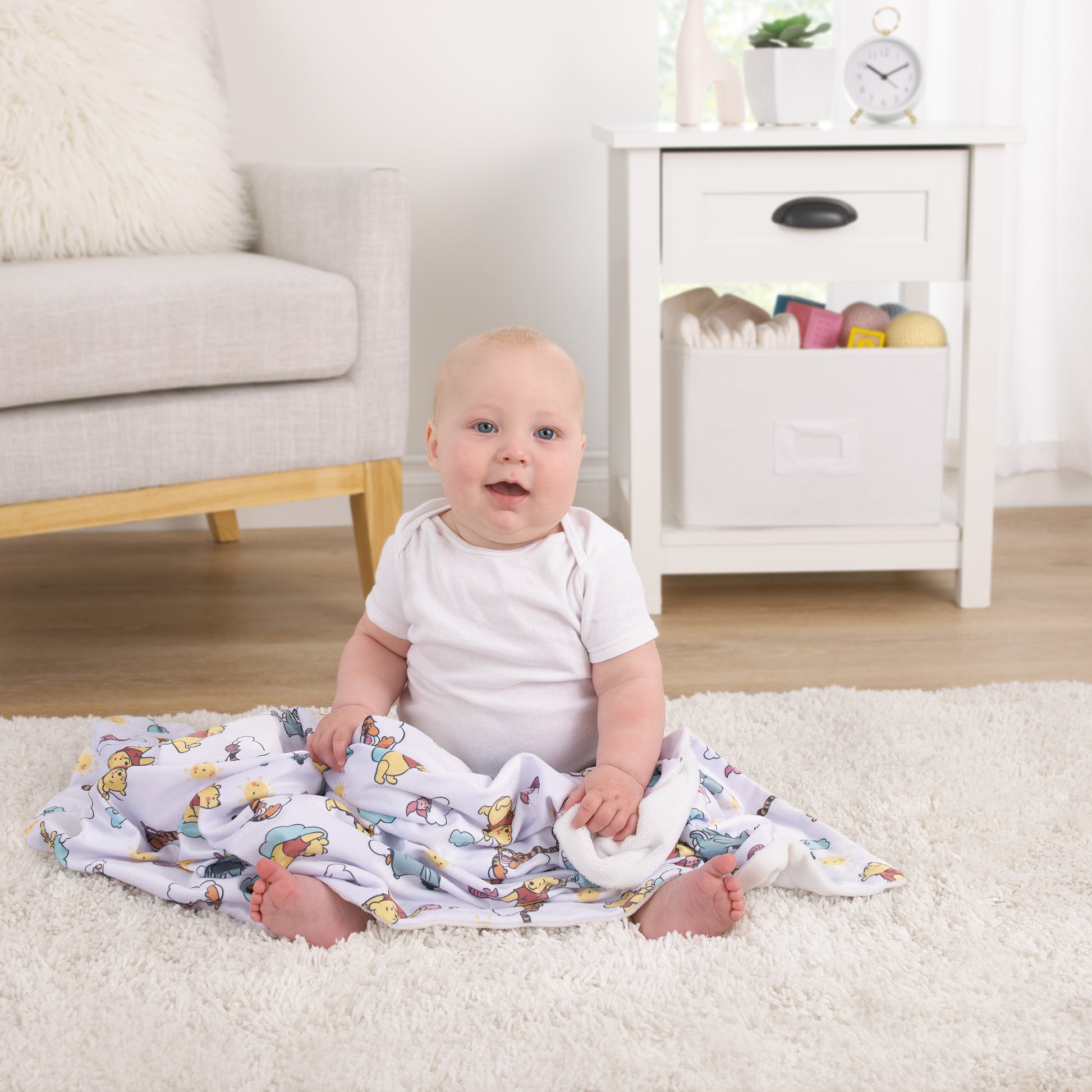 Winnie the Pooh So Loved Yellow, Aqua, and White Deluxe Reversible Super Soft Baby Blanket